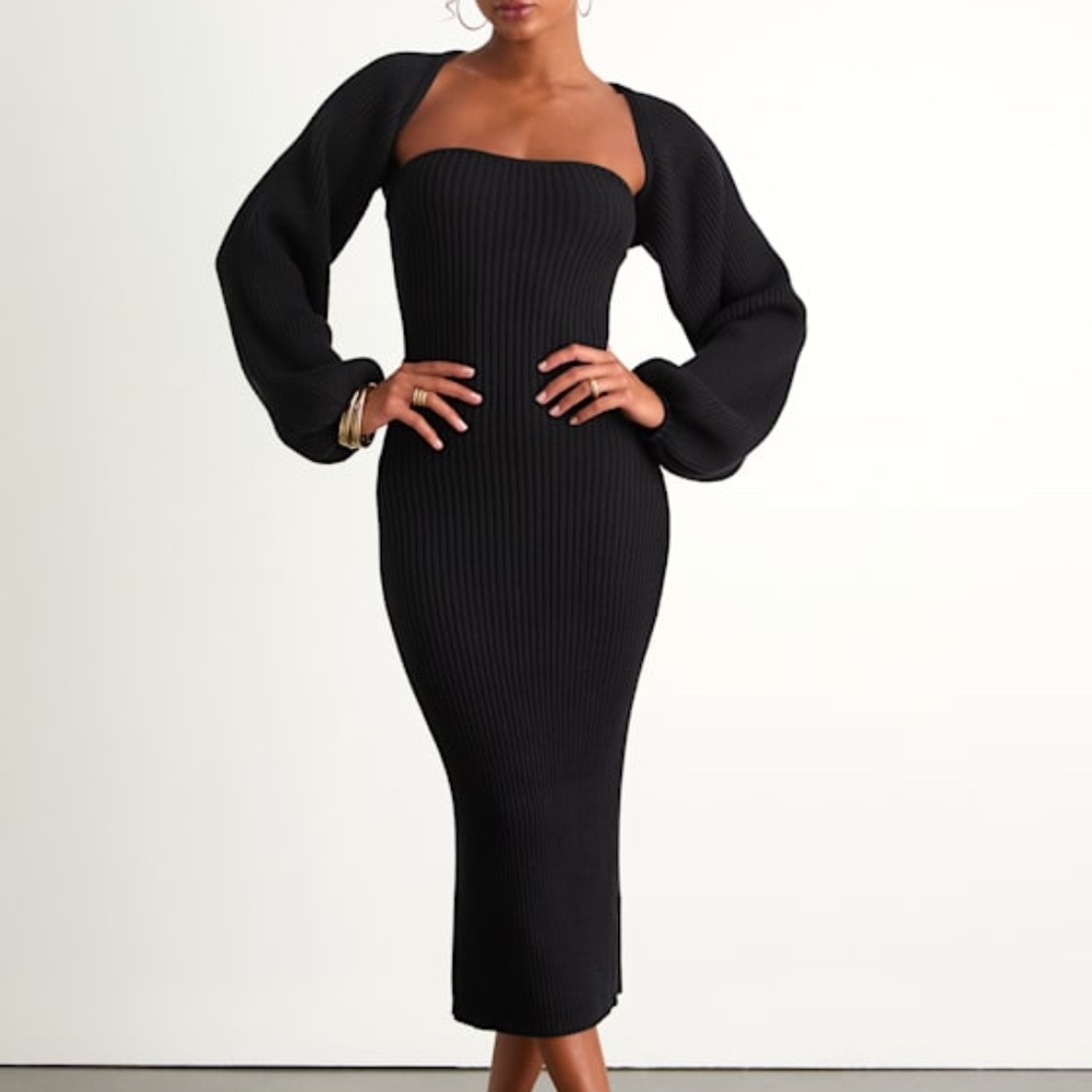 Lulus Autumn Aura Black Ribbed Two-piece Sweater Dress - Size XL